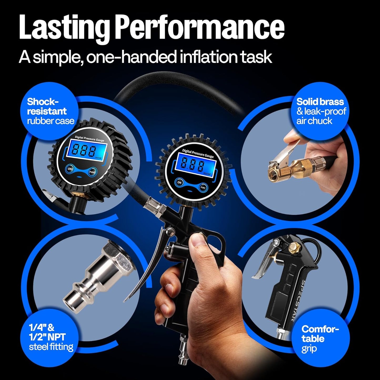 SPECSTAR 2 Pack Digital Tire Inflator with Pressure Gauge, Night Available 250 PSI Air Chuck and Compressor Accessories with Rubber Hose and Quick Connect Attachment for 0.1 Display Resolution