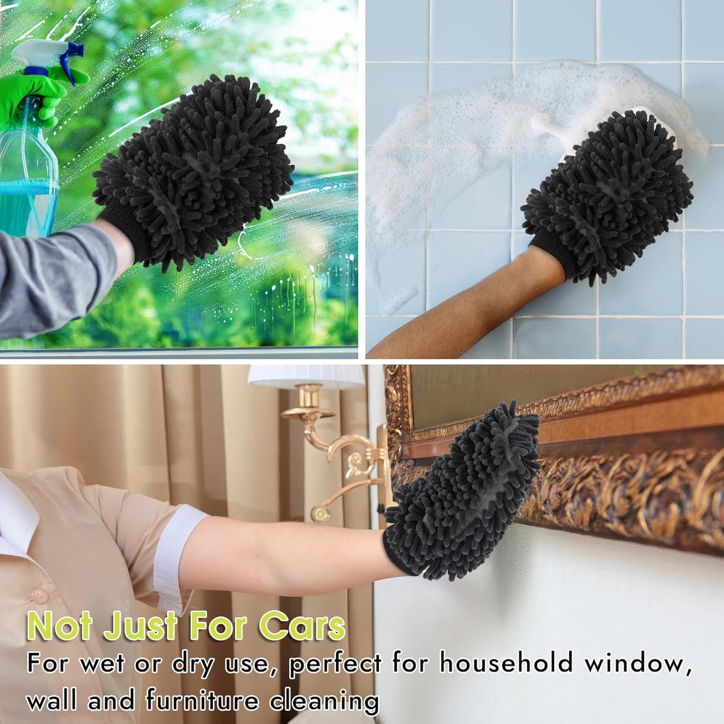 3 Pack Chenille Microfiber Car Wash Mitt, 7" x 9.6" Car Washing Mitts, Home Dusting Gloves, Scratch Free Lint-Free, Highly Absorbent, Double Sided, for Cleaning Detailing Polish (Green)