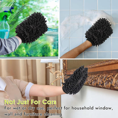 3 Pack Chenille Microfiber Car Wash Mitt, 7" x 9.6" Car Washing Mitts, Home Dusting Gloves, Scratch Free Lint-Free, Highly Absorbent, Double Sided, for Cleaning Detailing Polish (Green)