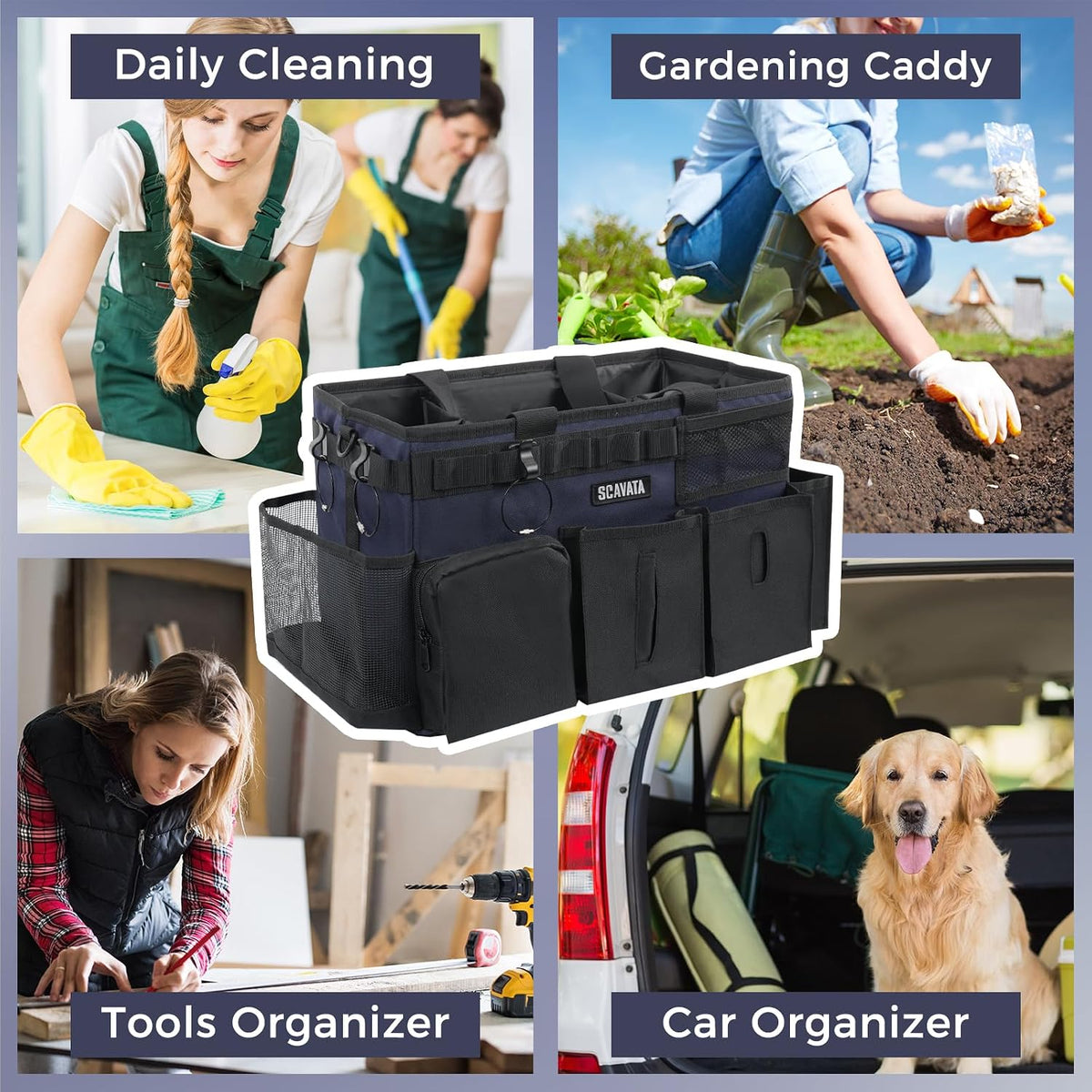 SCAVATA Wearable Cleaning Caddy Bag, Supplies Organizer with Handle & Shoulder Straps for Housekeepers, Under Sink & Car Cleaning Tool Organizer with 4 Foldable Dividers (Black)