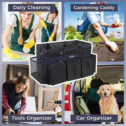 SCAVATA Wearable Cleaning Caddy Bag, Supplies Organizer with Handle & Shoulder Straps for Housekeepers, Under Sink & Car Cleaning Tool Organizer with 4 Foldable Dividers (Black)