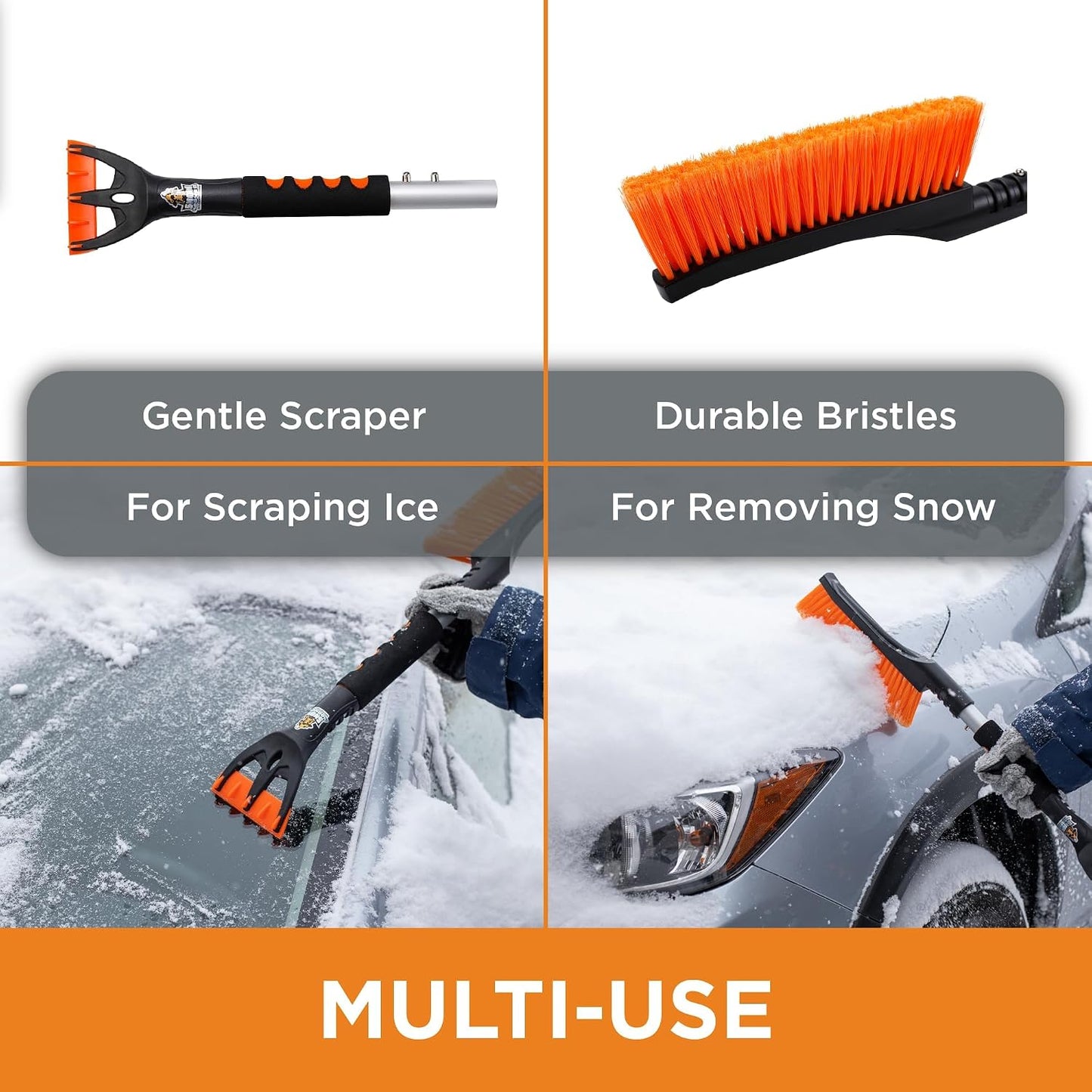 BIRDROCK HOME Snow Brush with Detachable Ice Scraper for Car - Flexible Snow Remover and Windshield Cleaning Tool with Wide Bristle Brush - Winter Sweeper for Auto, SUV - Size: 24" L x 9" W - 1 Pack