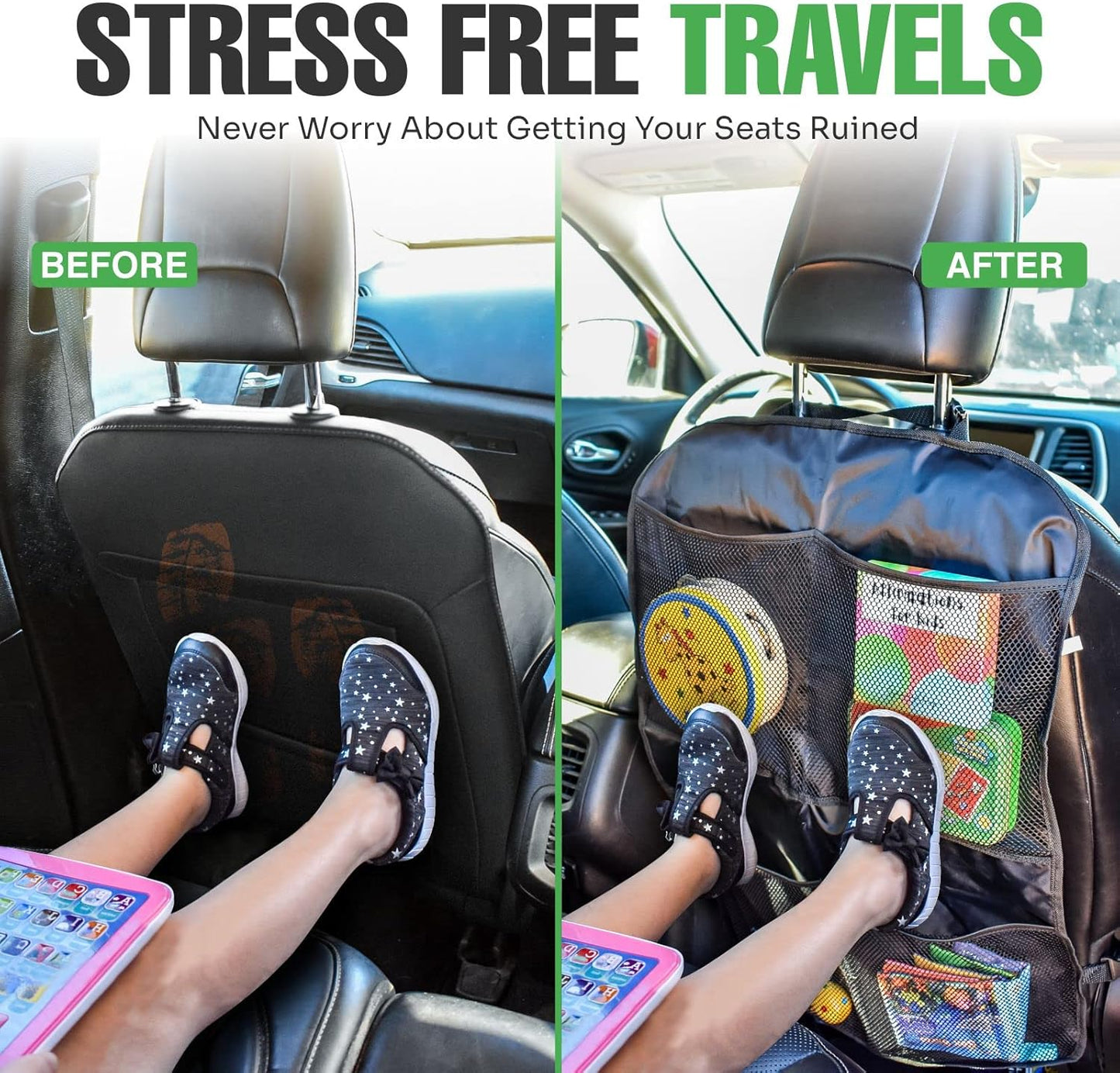 lebogner Back Seat Cover For Kids + 3 Pocket Storage Organizer, 2 Pack X-Large Waterproof Kick Mats Backseat Protector, Car Seat Back Protectors For Vehicles To Protect From Dirt, Mud & Scratches