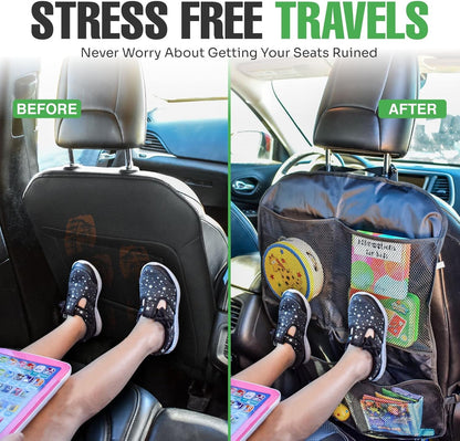 lebogner Back Seat Cover For Kids + 3 Pocket Storage Organizer, 2 Pack X-Large Waterproof Kick Mats Backseat Protector, Car Seat Back Protectors For Vehicles To Protect From Dirt, Mud & Scratches