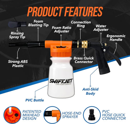 SwiftJet Car Wash Foam Gun + Microfiber Wash Mitt - Foam Cannon Works with Any Soap - Garden Hose Car Foam Sprayer - Car Wash Kit - Car Accessories Foam Blaster (Orange Foam Gun with Mitt)