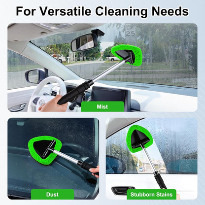 JUSTTOP Windshield Cleaner Tool, Car Interior and Exterior Window Cleaning Kit with Extendable Handle & 4 Reusable Microfiber Pads, Auto Glass Wiper Brush Kit for Car & Home Windows (Green)