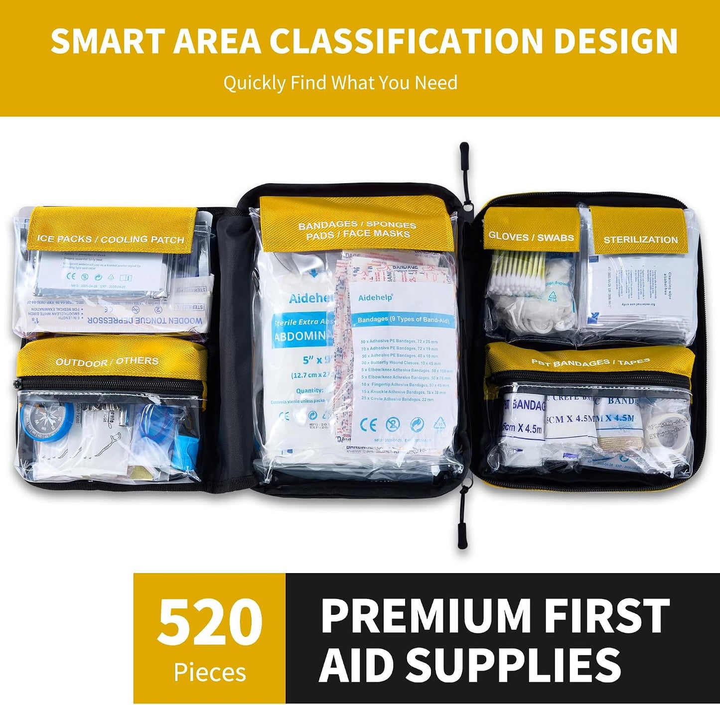 520 Pieces Premium First Aid Kit - Large Emergency Medical Kit for Survival, Car, Home, Travel, Camping, Backpack, Hiking, School (Red)