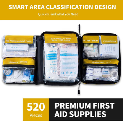 520 Pieces Premium First Aid Kit - Large Emergency Medical Kit for Survival, Car, Home, Travel, Camping, Backpack, Hiking, School (Red)