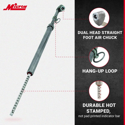 Milton S-976 Dual Head Chuck Tire Pressure Service Gauge, Plated Brass Tube, 12 3/4” 1-160 PSI