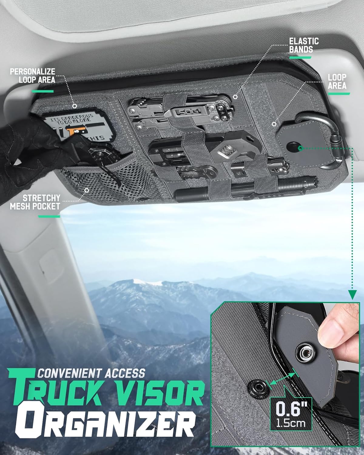 LIVANS Tactical Car Sun Visor Organizer, Auto Accessories Semi-Rigid Molle Panel with Zipper Storage Pouch & Glasses Holder, Gift for Car Gear, Fit Cars, Trucks, Suvs, Jeeps & Patrols (Gray)