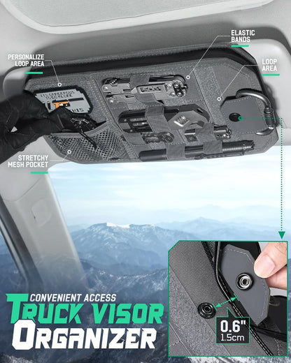 LIVANS Tactical Car Sun Visor Organizer, Auto Accessories Semi-Rigid Molle Panel with Zipper Storage Pouch & Glasses Holder, Gift for Car Gear, Fit Cars, Trucks, Suvs, Jeeps & Patrols (Gray)