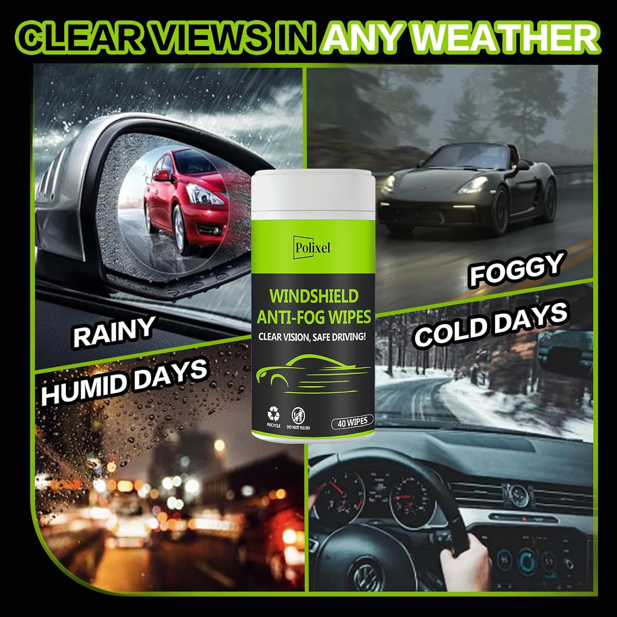 Glass Anti-Fog Wipes Pre-moistened Quick Antifog Defogger Prevent Fogging on Car Windshield, Mirror, Shower Door, Window, Helmets, Goggles Resealable Bottle Pack - 40 Wipes