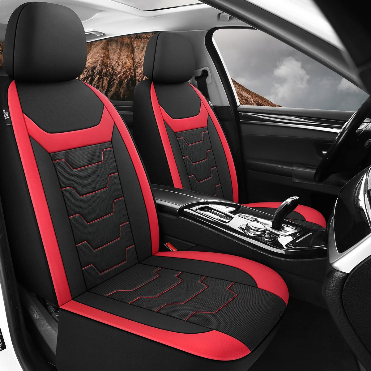 CAROMOP Luxury PU Leather Car Seat Covers Full Set-Waterproof Seat Protectors with Split Bench Seat Covers for Cars-Universal Cars Interior Covers for Sedans, SUVs, Pick-up Trucks(Gray/Gray Line)