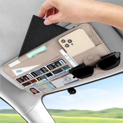 Leather Car Sun Visor Organizer for Cars, Trucks & SUVs: Features Sunglasses Holder, Secure Zipper Pockets, and 6 Clear Windows for Registration, Driver's License, and Insurance Card（black）