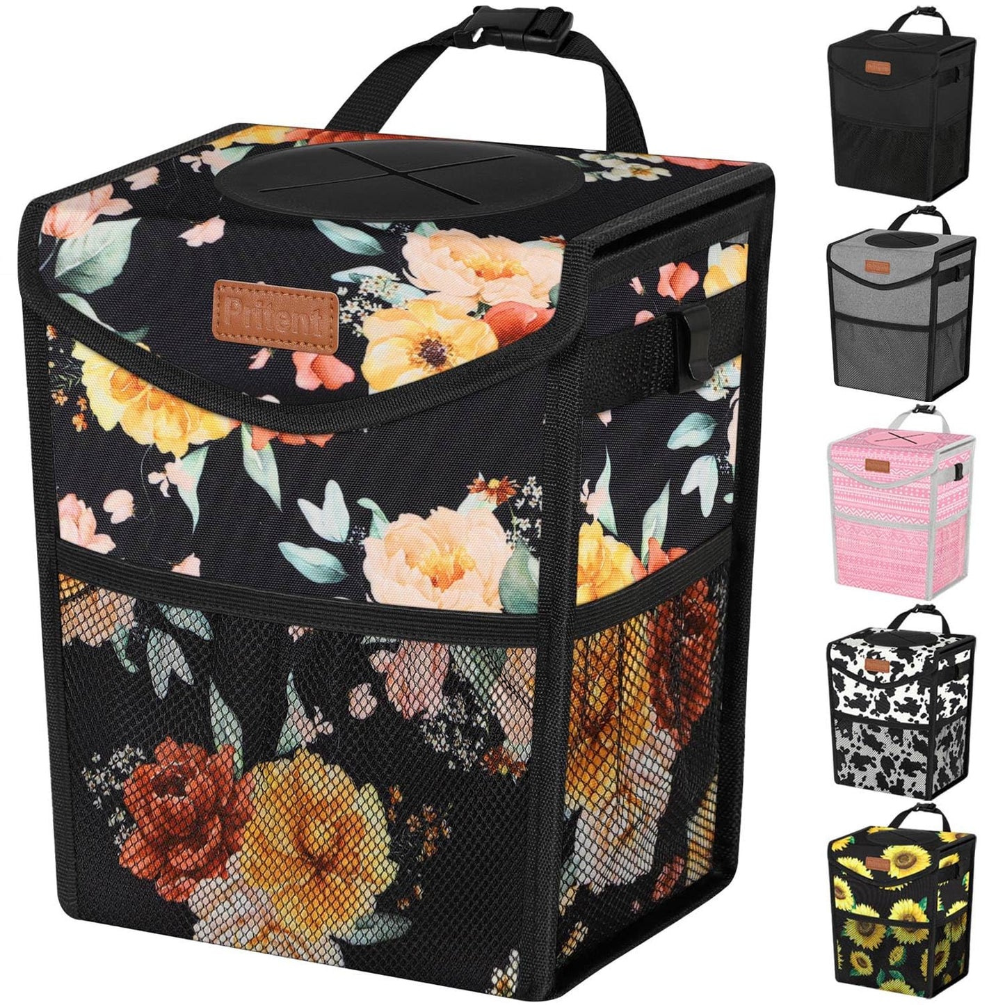Pritent Car Trash Can with Lid, Cute Leakproof Car Trash Garbage Bag Hanging Vehicle Trash Bin Small Portable Automotive Garbage Cans Organizer for Back/Front Seat/Console(Trapezoid,Black)