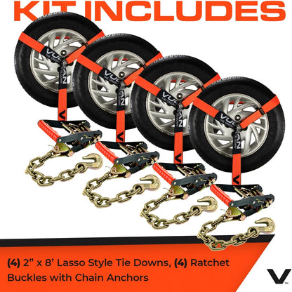 VULCAN Car Tie Down with Flat Hooks - Lasso Style - 2 Inch x 96 Inch - 4 Pack - Silver Series - 3,300 Pound Safe Working Load