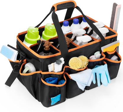 HODRANT Extra-Large Wearable Cleaning Caddy, Organizer Bag for Products, Housekeeper Tote With Pad, Handle & Divider, Car Wash Tools Bag for Detailing Supplies, Gray Edge