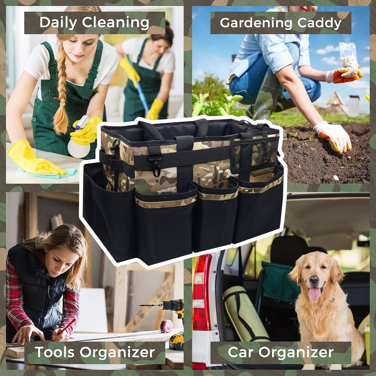 SCAVATA Wearable Cleaning Caddy Organizer with Handle & Shoulder Straps for Housekeepers, Under Sink & Car Cleaning Tool Organizer Bag with 4 Foldable Dividers (Green)
