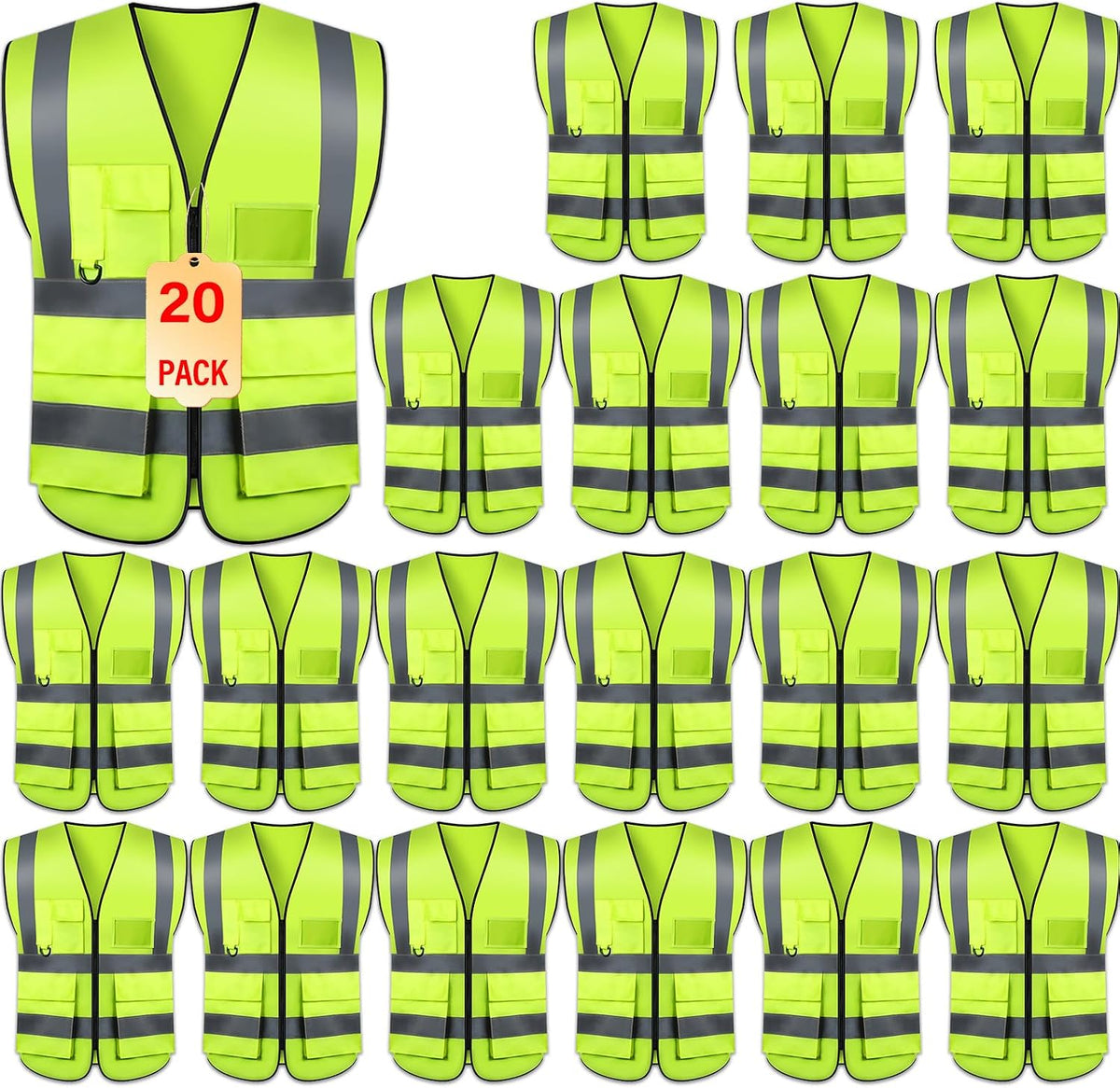Safety Vests 20 Pack,Hi Vis Construction Vest with 5 Pockets and Zipper,Reflective Vest for Men Women Work One Size