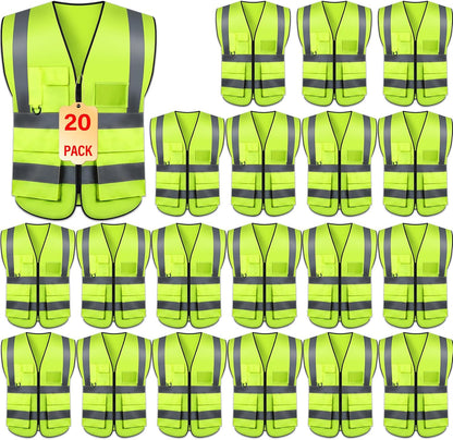 Safety Vests 20 Pack,Hi Vis Construction Vest with 5 Pockets and Zipper,Reflective Vest for Men Women Work One Size