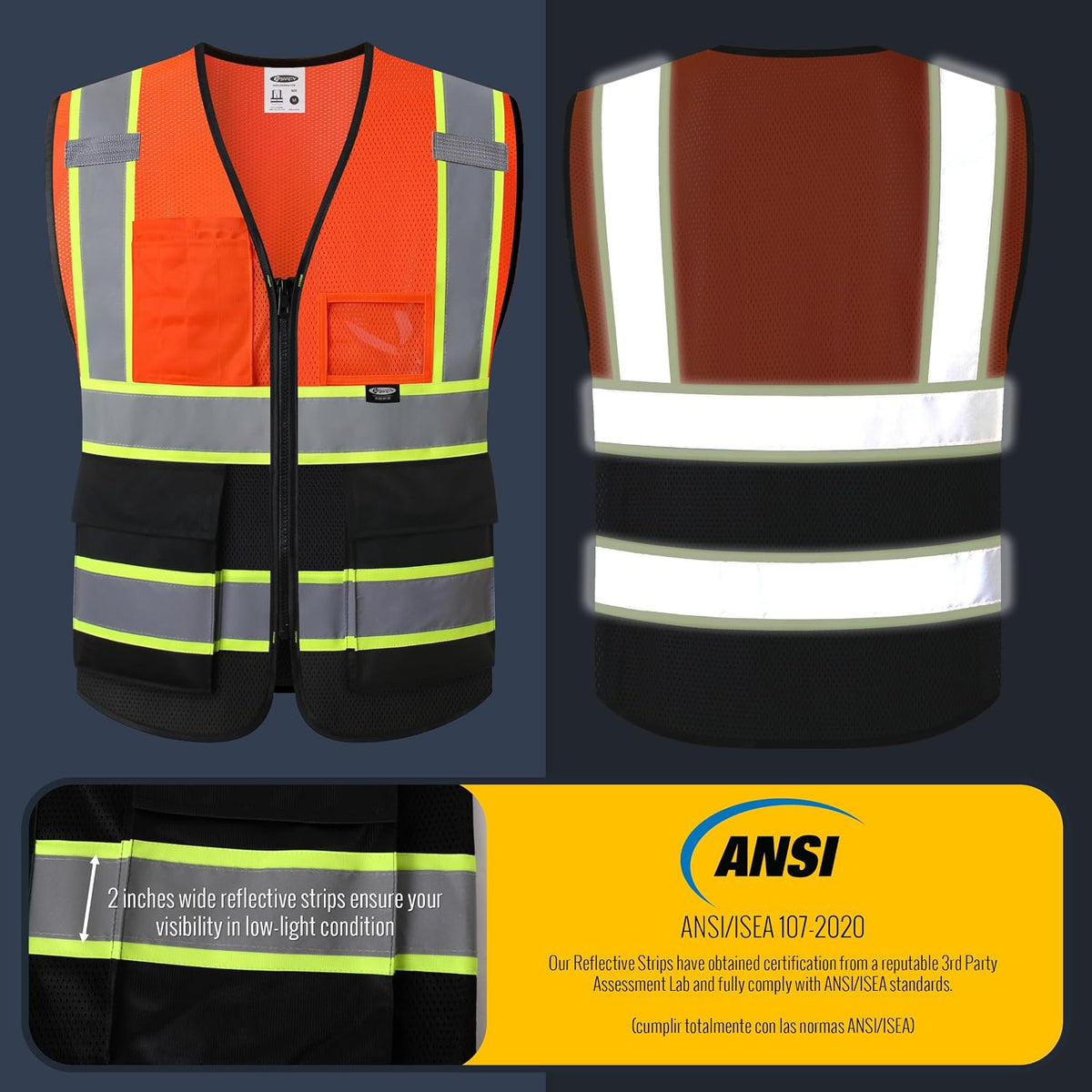 JKSafety Safety Vest for men women Hi Vis Reflective Vest with Pockets and Zipper High Visibility Meet ANSI Standard（BX320