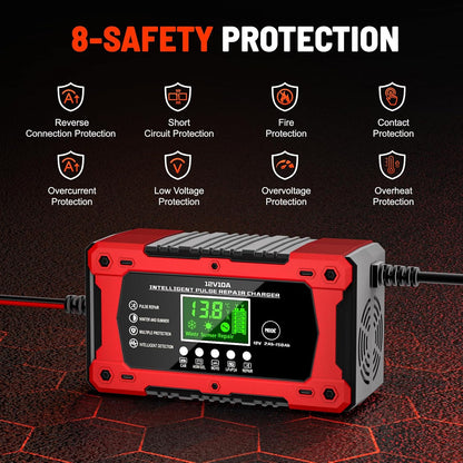 Battery Charger 15A 12V Fully Automatic Smart Trickle Car Battery Charger Maintainer with LCD Display & Temperature Compensation for Car Truck Motorcycle Lawn Mower Boat