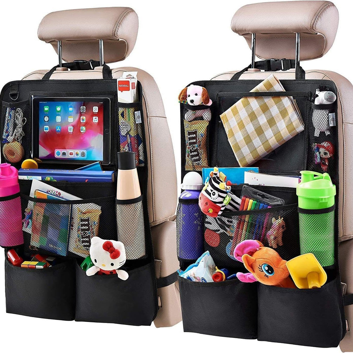 LILTOM Car Back Seat Protector with Organizer, 19"x27" XL Kick Mats, Waterproof, 3 Pockets, 2-Pack (Black - 3 Pocket)