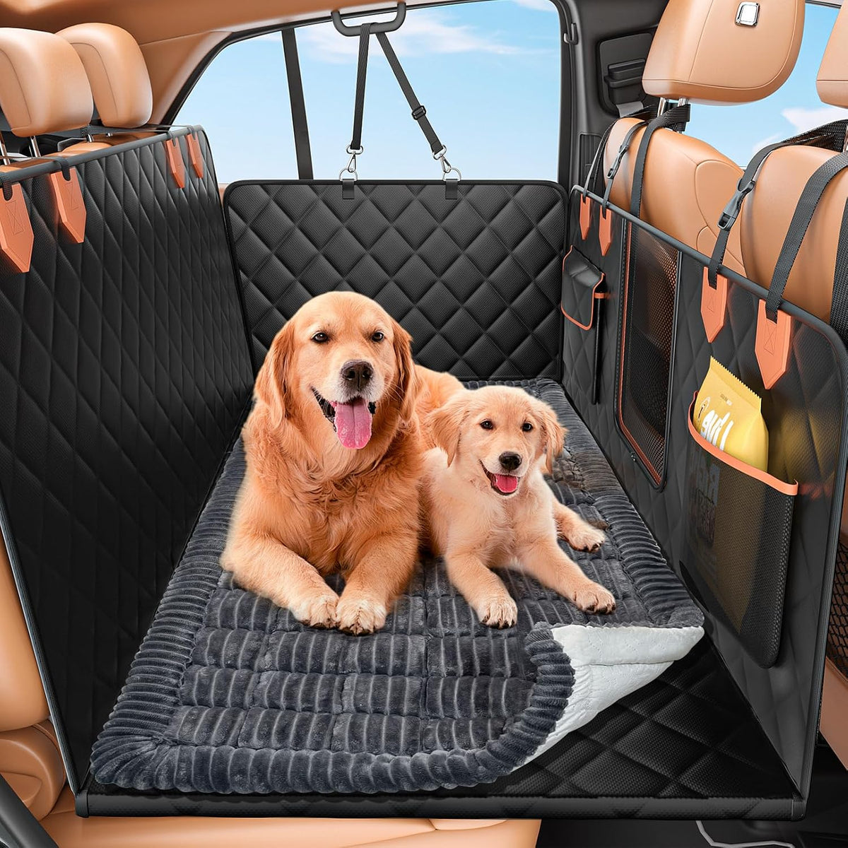 IJVAE Dog Seat Cover for Back Seat, Hard Bottom Back Seat Extender Holds 500 lbs, Waterproof & Nonslip Car Hammock for Large Pets, Comfortable Travel Seat Protector for SUV and Sedan
