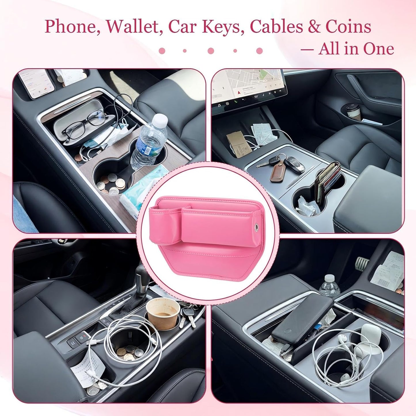 Aliceset 2 Pack Pink Car Seat Gap Filler Organizer with Cup Holder and Storage Leather Car Organizer for Keys Cards Phone Sunglasses and Small Items