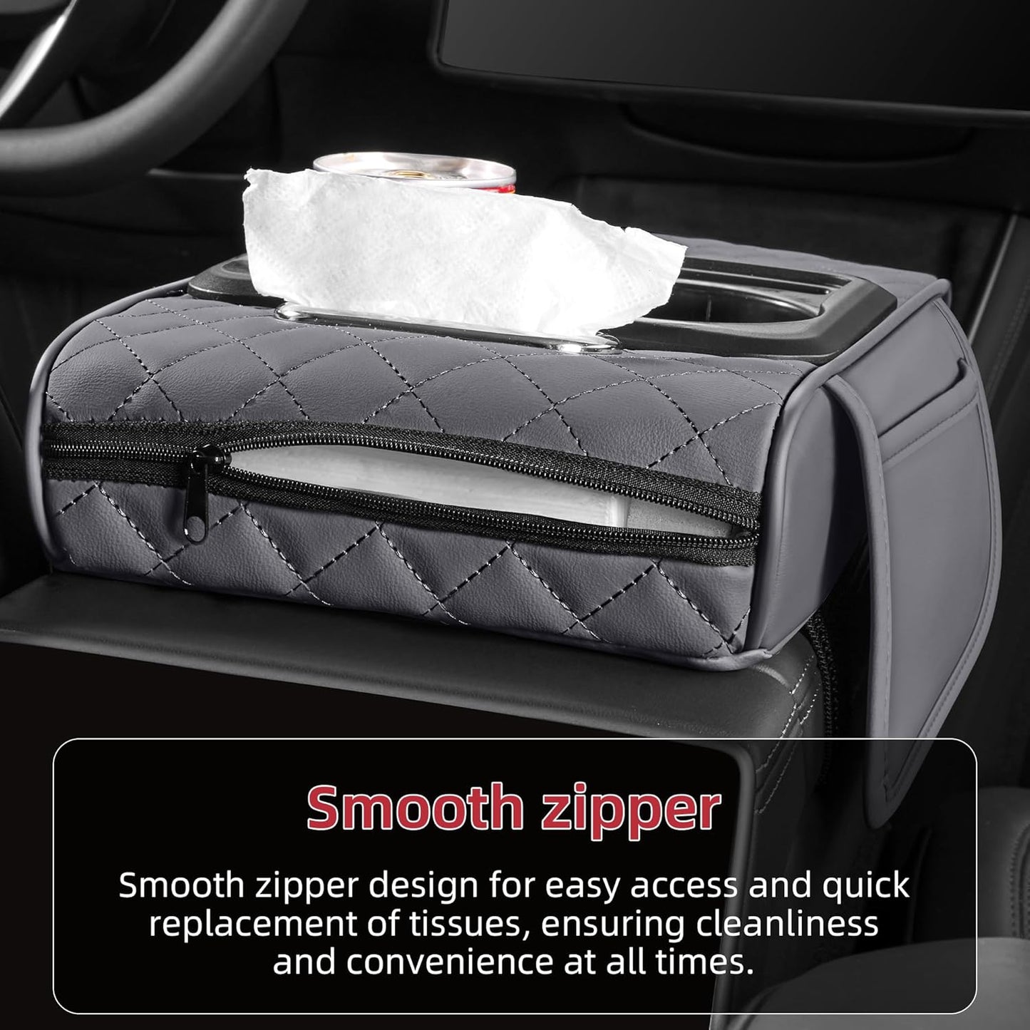 5 in 1 Car Center Console Cover, Armrest Pad with 2 Storage Pockets, Cup Holder, Tissue Slot, Phone Holder, Nappa Leather Memory Foam Car Accessories for SUV Sedan Truck (Black)