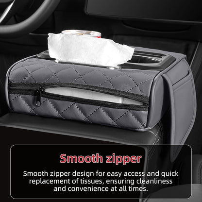 5 in 1 Car Center Console Cover, Armrest Pad with 2 Storage Pockets, Cup Holder, Tissue Slot, Phone Holder, Nappa Leather Memory Foam Car Accessories for SUV Sedan Truck (Black)