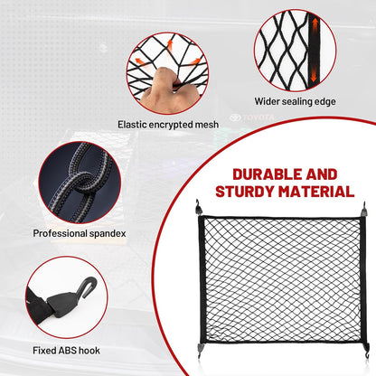 RED WOLF Elastic Cargo Net for SUV Rear Trunk Bed Netting Cover Net Stretchable Mesh Organizer 32" x 24" Stretch to 63"x43" with Fixing Hooks D-Rings Luggage Cover