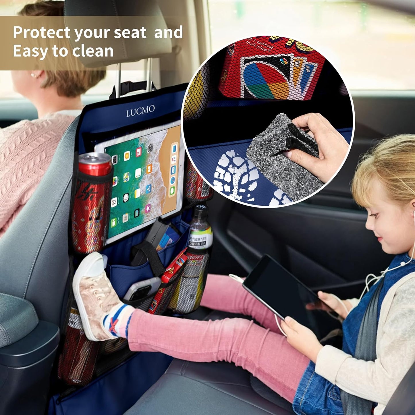 LUCMO Car Backseat Organizer with Tablet Holder,6 Storage Pockets Car Storage Organizer with Foldable Food Tray,Protectors Kick Mats Travel Accessories-Black