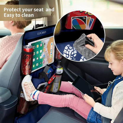 LUCMO Car Backseat Organizer with Tablet Holder,6 Storage Pockets Car Storage Organizer with Foldable Food Tray,Protectors Kick Mats Travel Accessories-Black