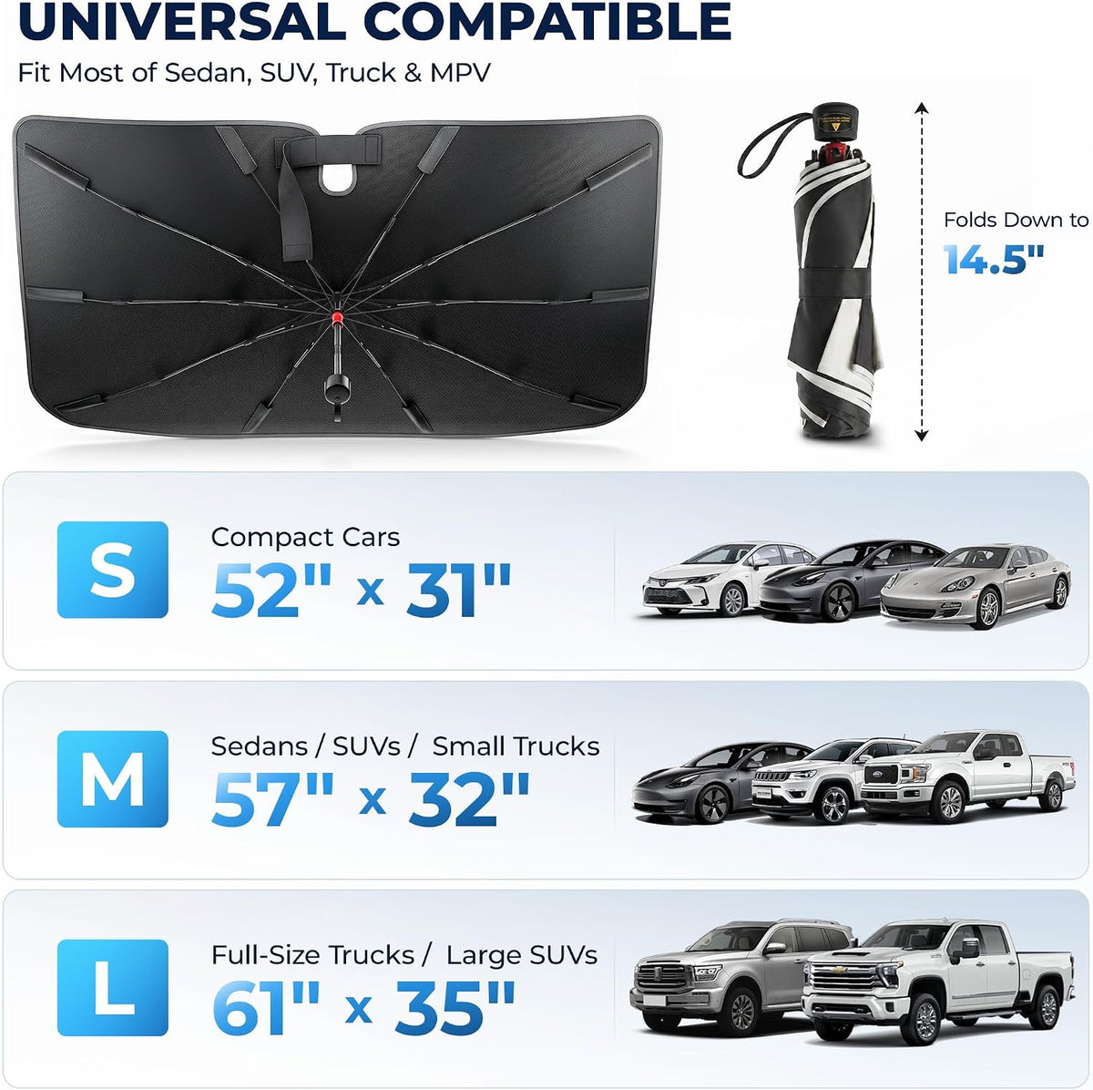 DMJN Umbrella Windshield Sun Shade - Medium, Car Sunshade for Front Windshield [Nano Ice-Crystal Coatings] UPF50+ Heat & UV Block, Protect Interior & Keep Cooler Universal for Car, SUV, Truck