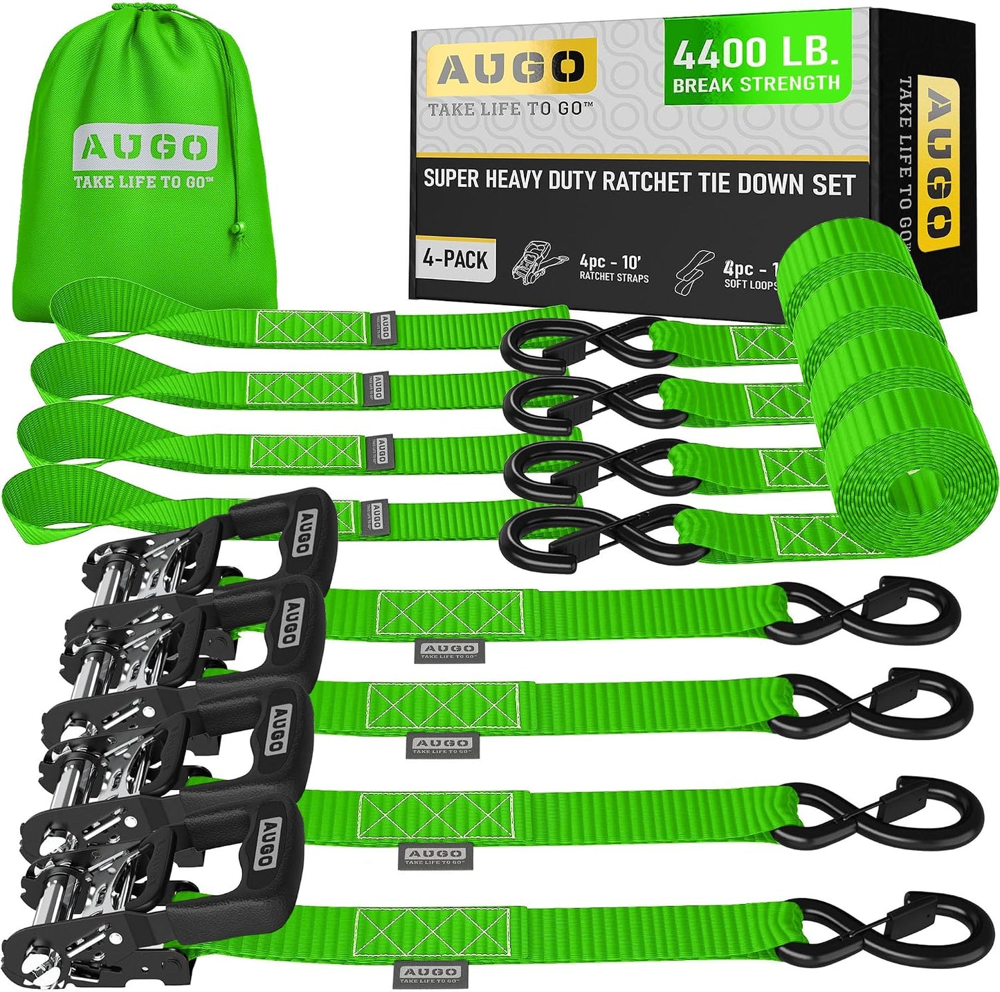 AUGO Ratchet Straps Heavy Duty 4 Pack -15 FT - 2200 LB Break Strength – with Safety Lock S Hooks - Cargo Straps for Moving, Appliances, Motorcycle – Soft Loop Tie Down Straps