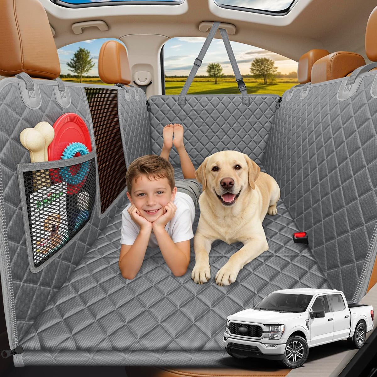 URPOWER Backseat Extender for Dogs - Hard Bottom Dog Car Seat Cover for Back Seat, Dog Hammock for Car and SUV, Pet Rear Seat Protector Dogs Travel Bed with Mesh Window