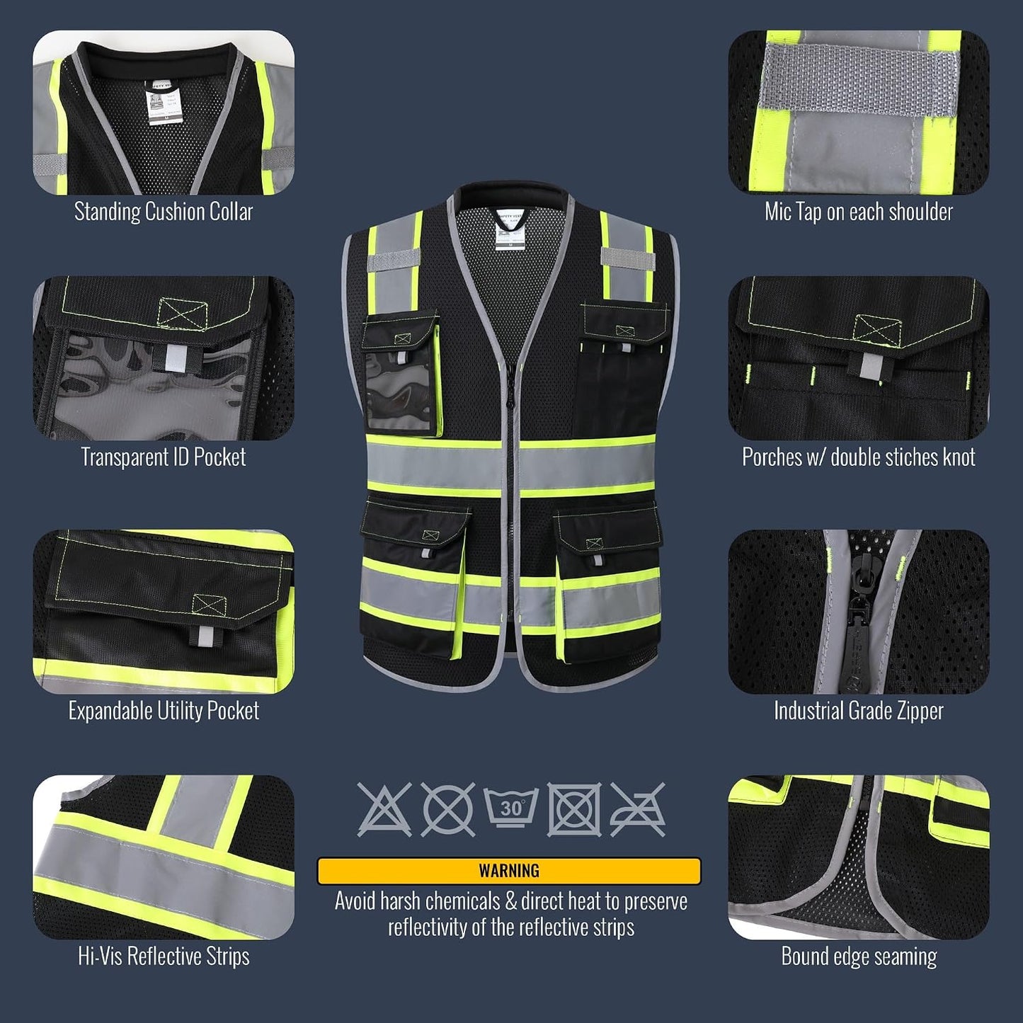 JKSafety Safety Vest for Men Women Hi Vis with Pockets and Cushioned Collar Construction Vest Meet ANSI Standard (BX360)