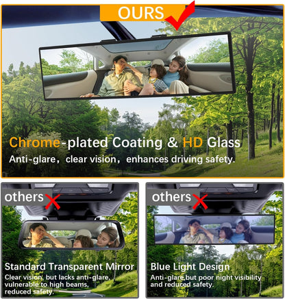 Rear View Mirror, Chrome Anti-glare Panoramic Rear Mirrors Universal 10 Inch Convex Car Interior Clip on Extra Big Wide Angle Rearview Mirror Extender to Reduce Blind Spot for Car SUV
