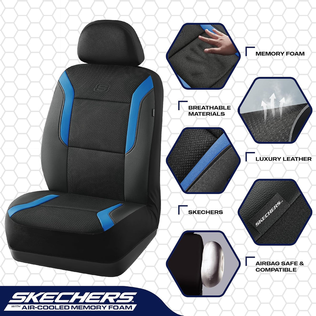 Skechers Memory Foam Seat Covers, Air Cool Mesh Thick Car Seat Covers, Car Seat Covers Front Seats Airbag Compatible, Universal Automotive Comfort for Most Cars, Vans, Trucks, SUV,Black