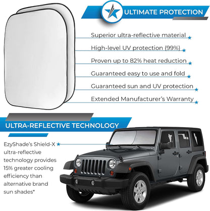 EzyShade Windshield Sun Shade with Shield-X Reflective Technology. See Size-Chart with Your Vehicle. Foldable 2-Piece Car Sunshades Reflect UV Sun and Heat and Protect Your Car. Standard (Medium) Size