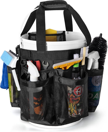 HODRANT 5 Gallon Bucket Organizer with Anti-fall Hooks & Buckle, Car Wash Bucket Caddy with Mesh Pockets, 5 Gallon Cleaning Tools Bag for Home, Auto, Garden & Fishing