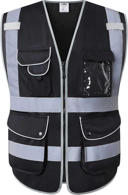 JKSafety 9 Pockets Class 2 High Visibility Zipper Front Safety Vest With Reflective Strips,Meets ANSI/ISEA Standard (Large, 150-Yellow) - Colors B