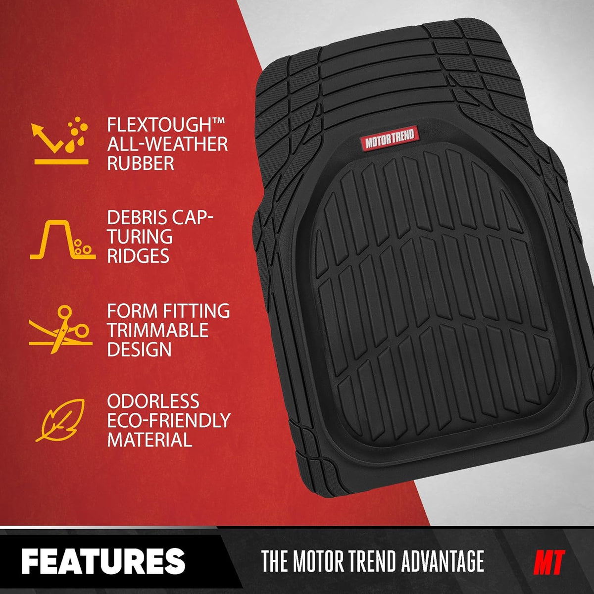 Motor Trend Original FlexTough Black Rubber Car Floor Mats with Cargo Liner - All Weather Automotive Floor Mats, Heavy Duty Trim to Fit Design, Odorless Floor Liners for Cars Truck Van SUV