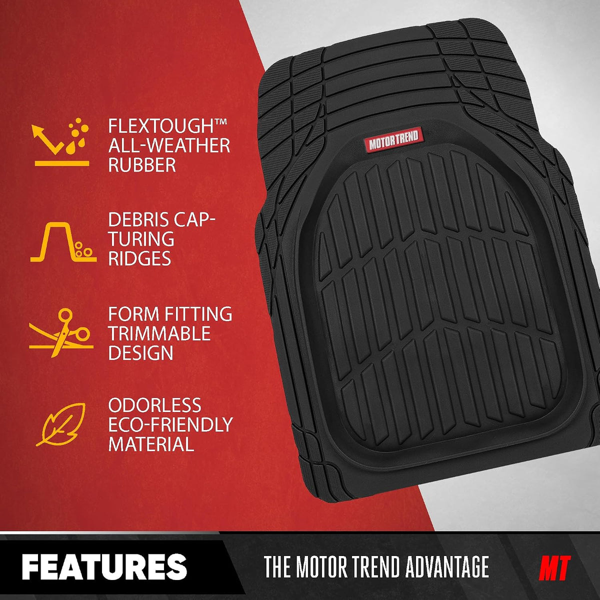 Motor Trend FlexTough 4-Piece Heavy Duty Floor Mats for Cars Trucks SUVs, Automotive Floor Mats Car Mats Full Set Front, Rear & Cargo, Trim-To-Fit Semi-Custom Deep Dish All Weather Rubber Mats - Black