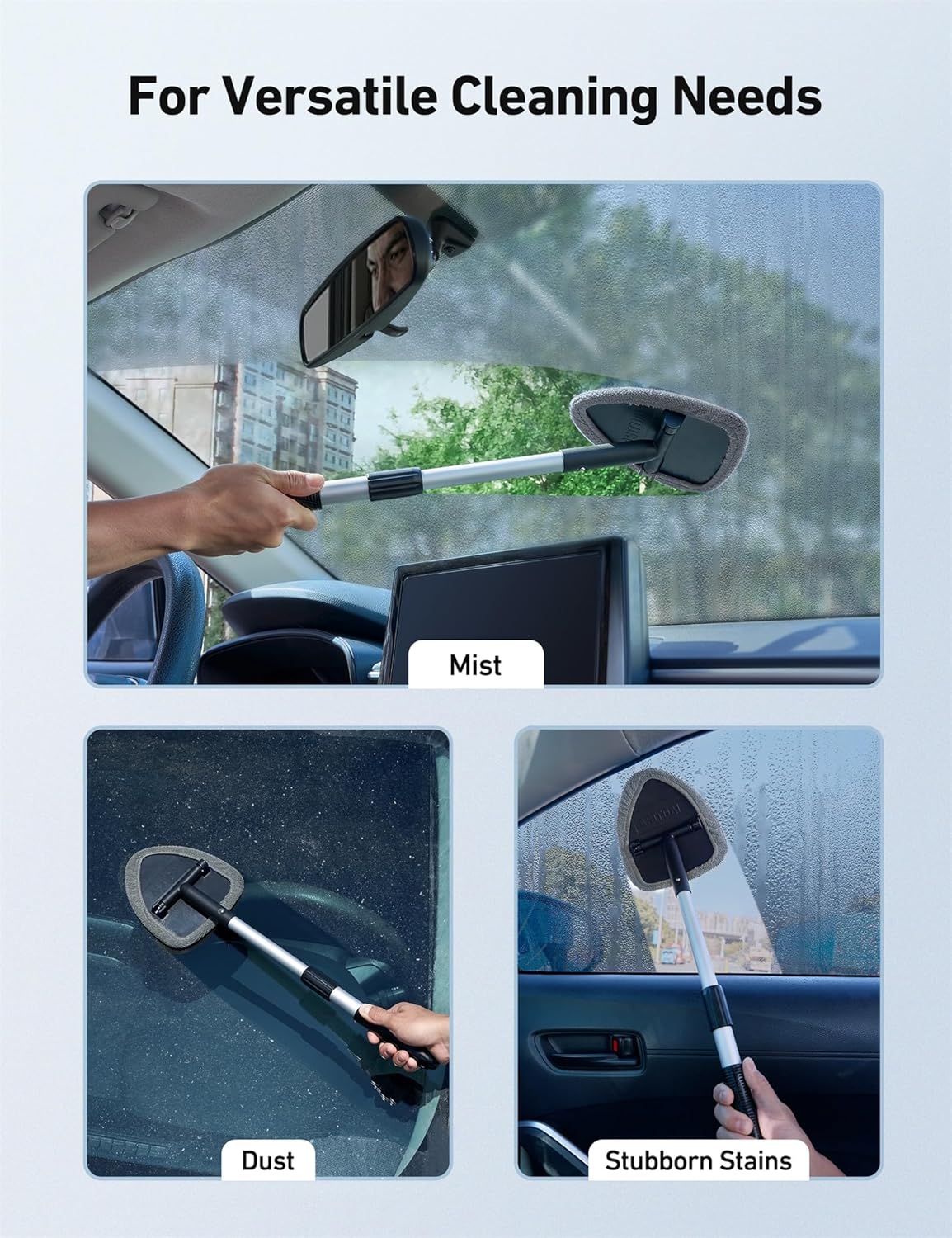 AstroAI 21" Windshield Cleaner Tool, Car Interior Detailing Cleaning Kit with Extendable Handle and 4 Upgraded High-Density Reusable Microfiber Pads, Auto Glass Wiper Brush Kit for Cars, Blue