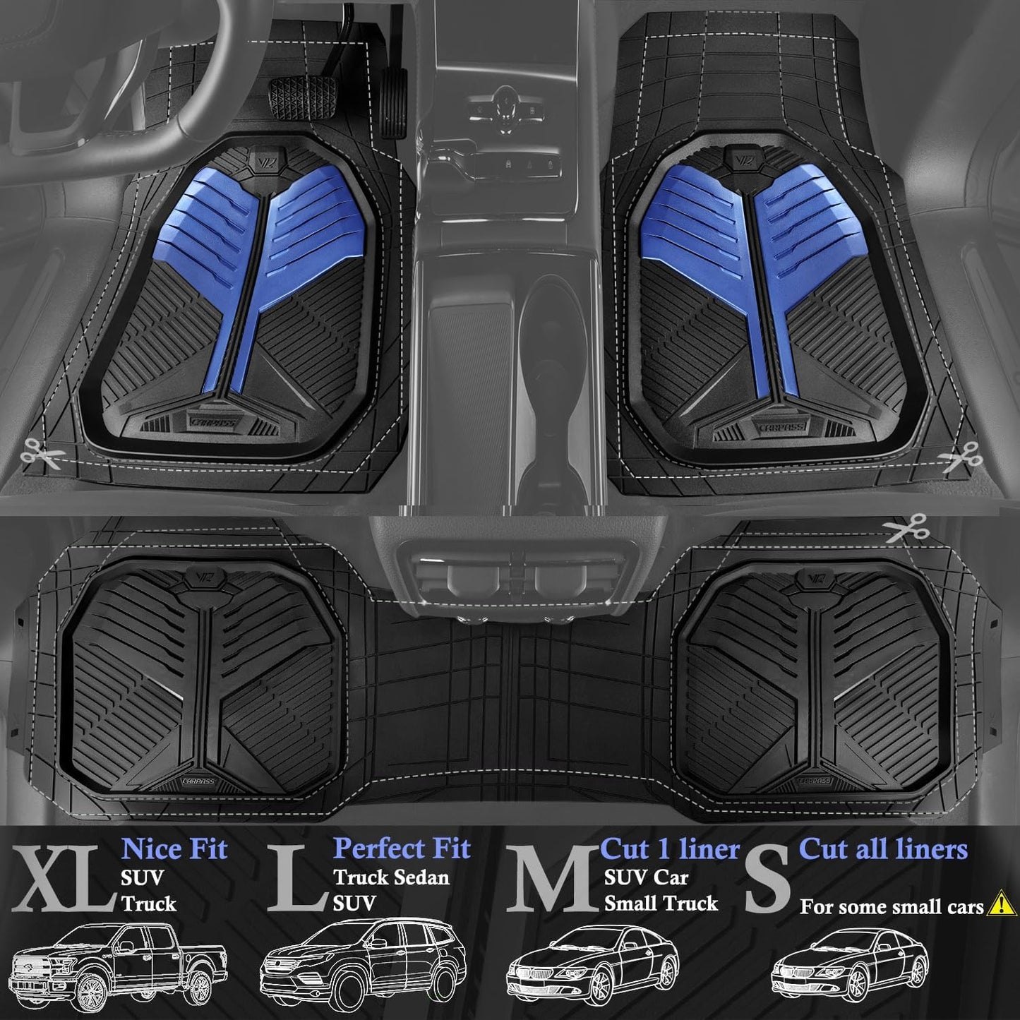 CAR PASS Heavy Duty Rubber Car Mats with Cargo Liner, Deep-Dish Car Floor Mats and Trunk Mat All Weather, Universal Trim-to-Fit for SUVs Trucks Sedans, Waterproof Anti-Slip, Trimmable V12 Black