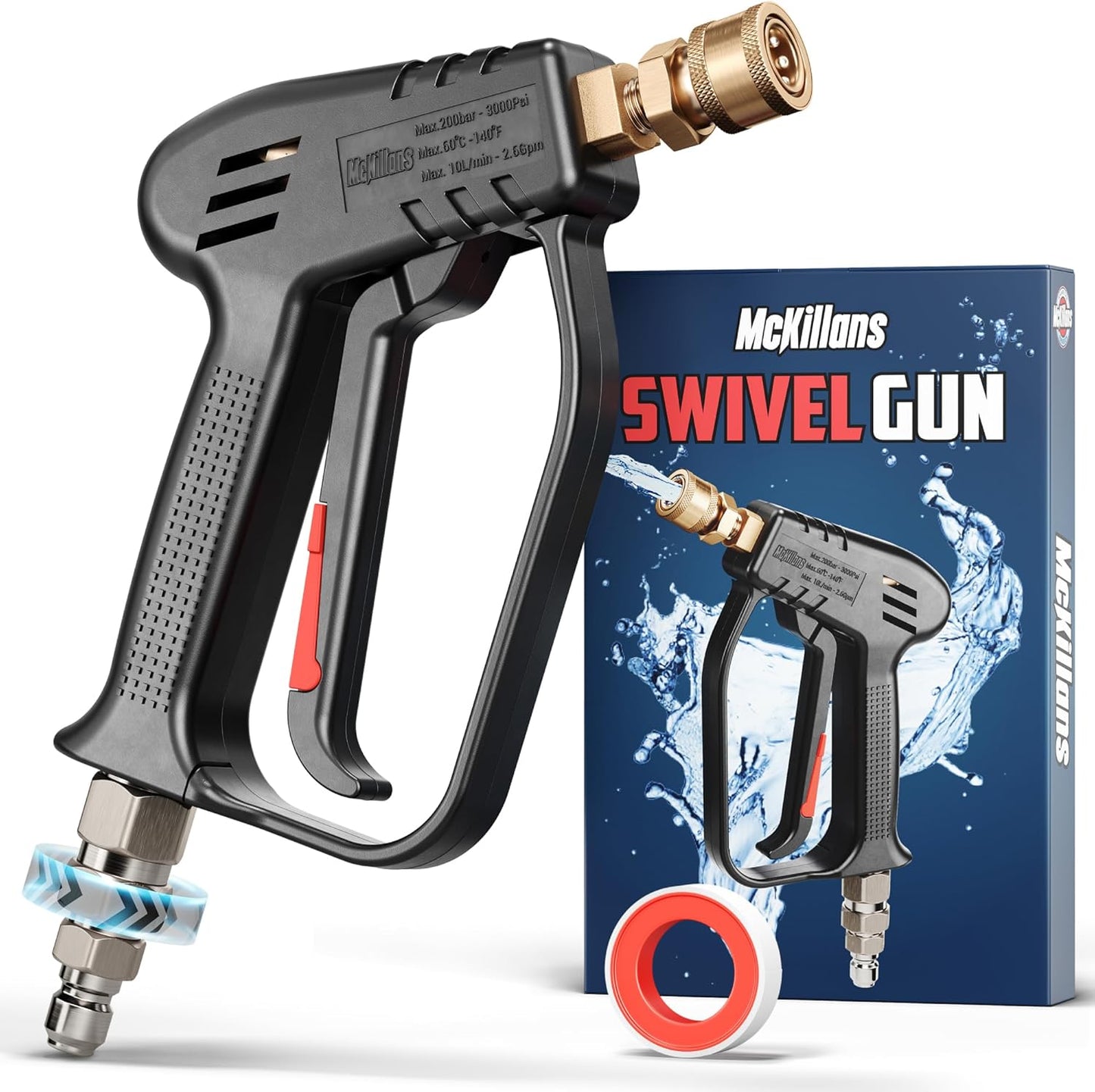 McKillans Pressure Washer Gun with Swivel & Foam Cannon Wide Mouth & M22-14mm Adapter - Adjustable Thick Foam - Power Washer Gun - 3/8" Male Plug & 1/4” Quick Connector Coupler