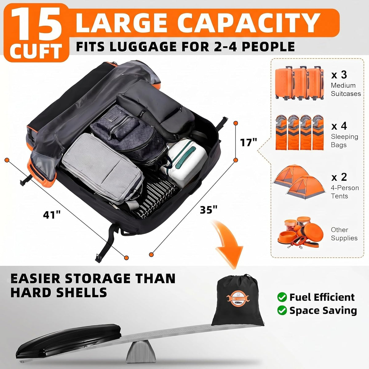 Sailnovo Aerodynamic Rooftop Cargo Carrier Bag, 15 Cubic Feet Waterproof Car Top Carrier for All Vehicles with/Without Racks, Holds Luggage for 2-4, Includes Anti-Slip Mat, Storage Bag, Luggage Lock