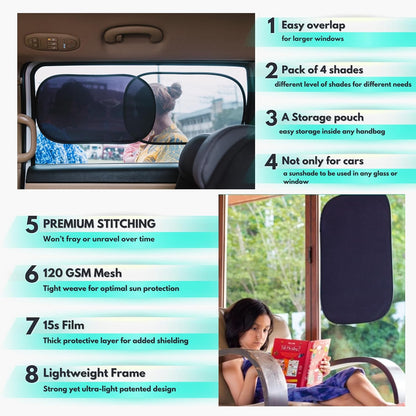 Car Window Shades - Certified 99.79% UVA & 99.95% UVB sun protection. Award winning car sun shade for side windows. 4 Pack (2 Transparency options) 20" x 12" -window shade for car baby by Kinder Fluff